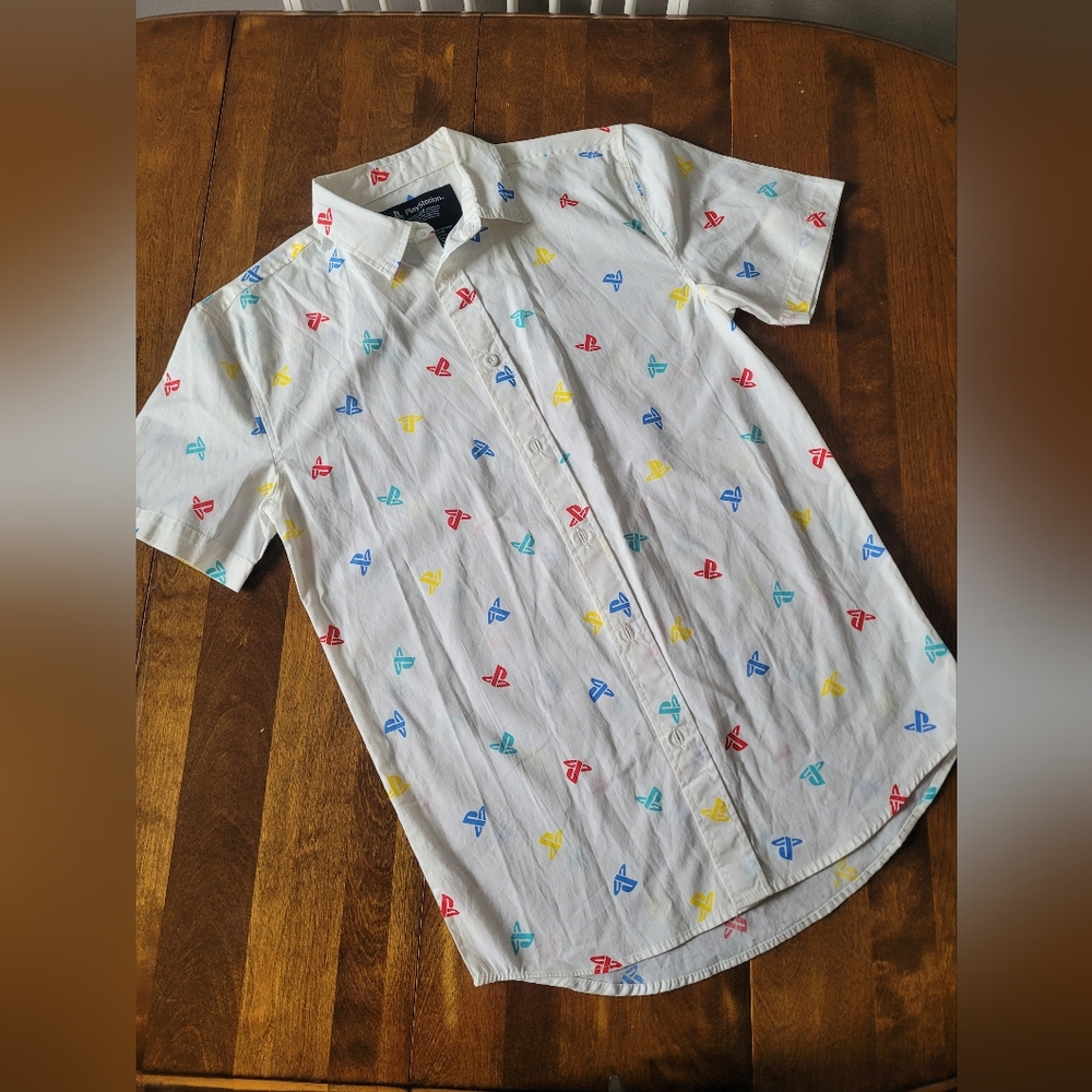 Sony Playstation Logo Short-Sleeve Button-Up Shirt - Gamer Colorful Whimsy